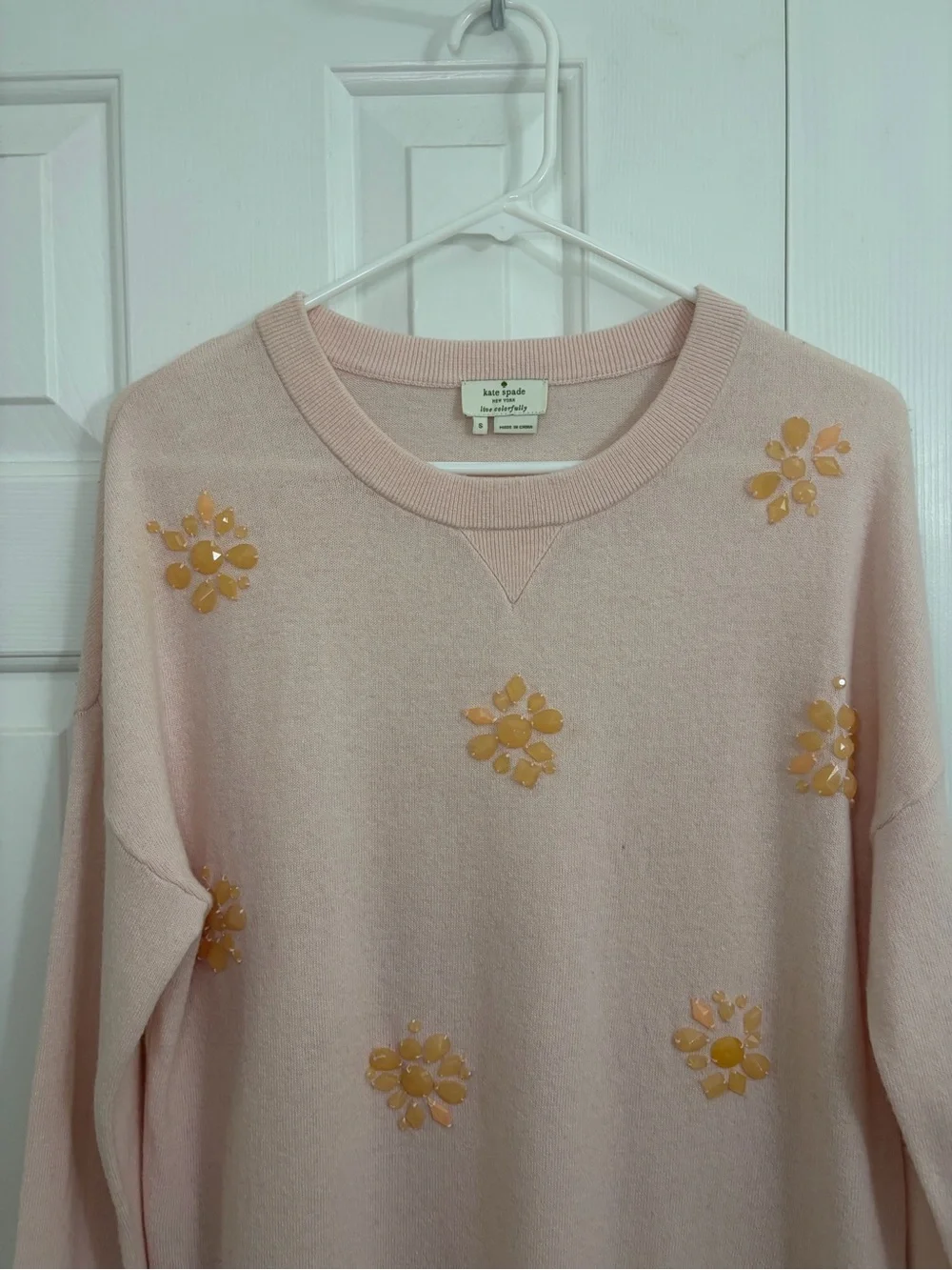 Kate Spade Live Colorfully Beaded Light Pink Peach Wool & Cashmere Sweater Small
